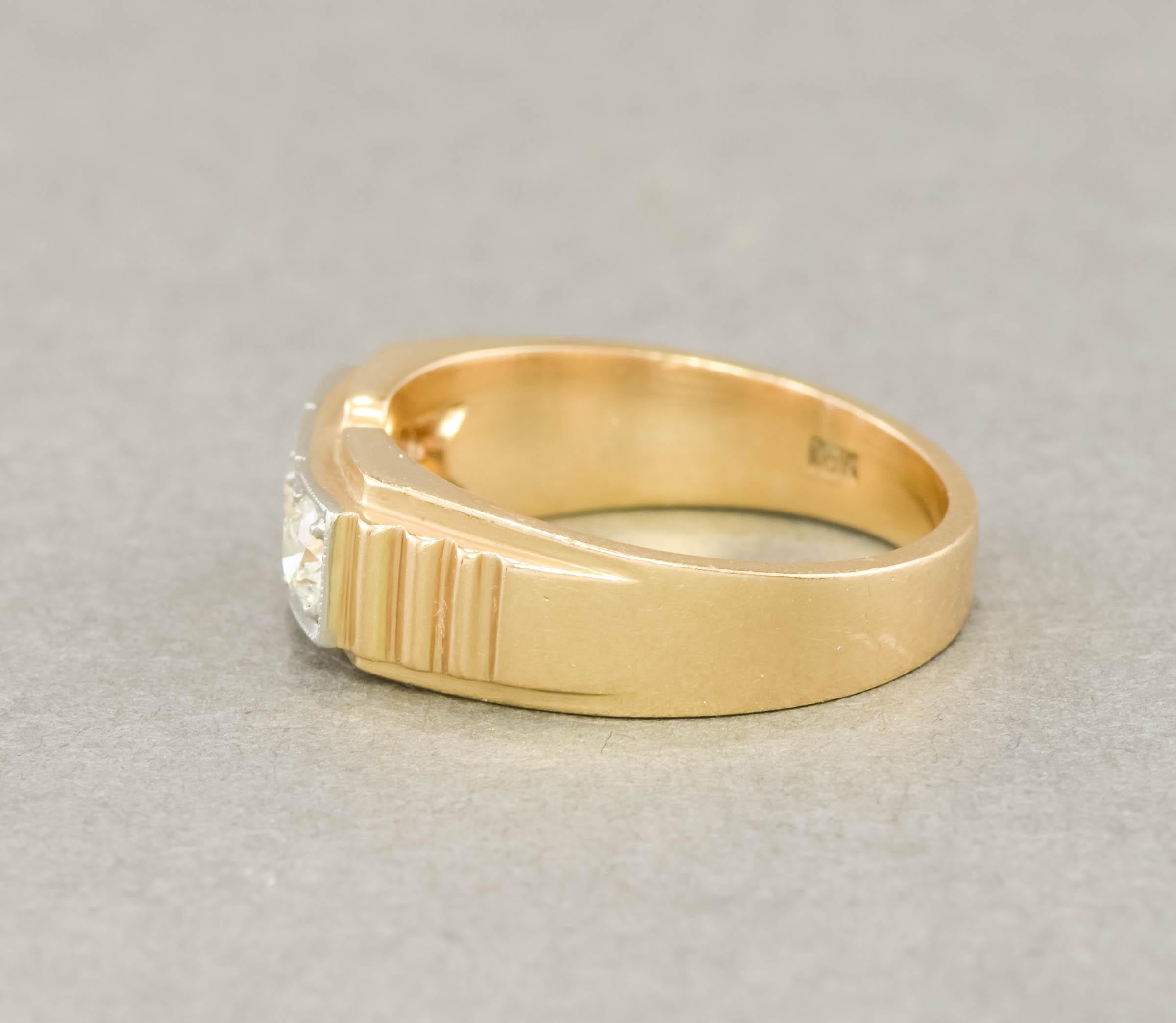 Bague à anneau en or 18 carats et platine avec diamants taille européenne, années 1930, pour hommes ou femmes en vente 1