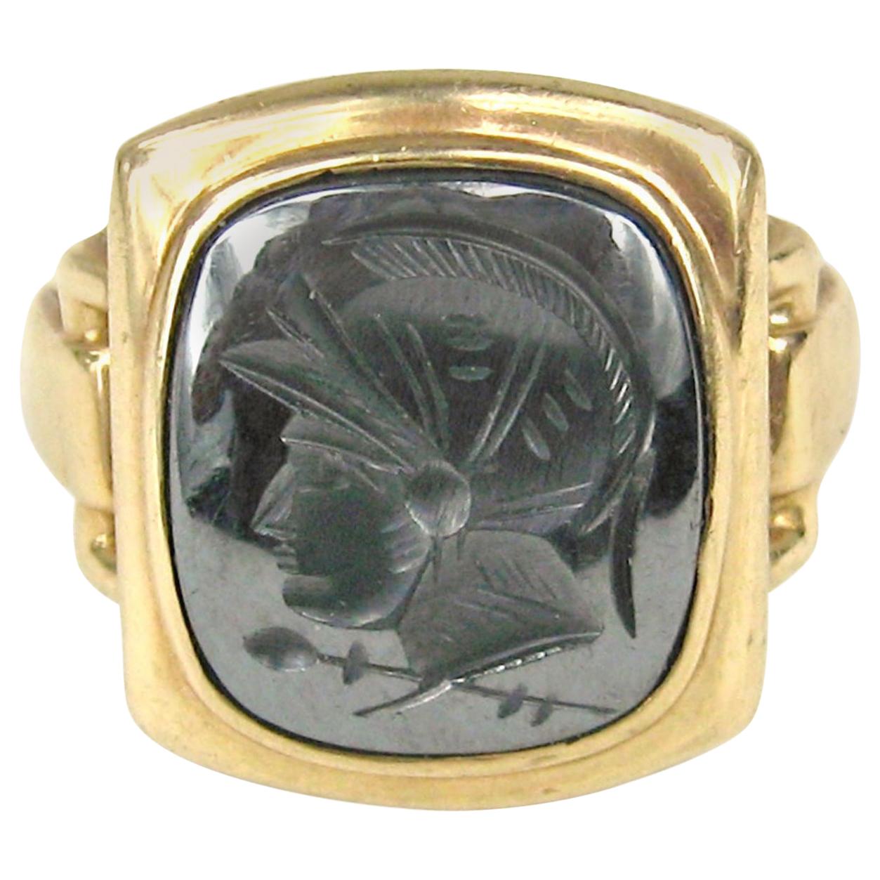 10K Hematite Gold Intaglio Warrior Ring 1930s  For Sale