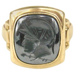 10K Hematite Gold Intaglio Warrior Ring 1930s 