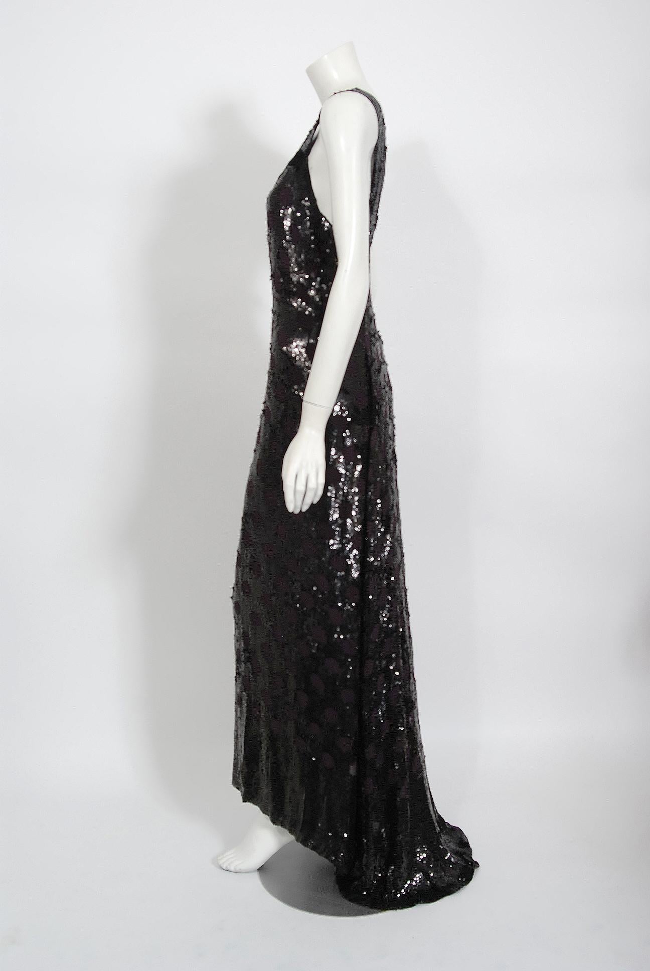 Vintage 1930's Henri Bendel Couture Purple Silk & Black Sequin Deco-Dots Gown In Good Condition In Beverly Hills, CA