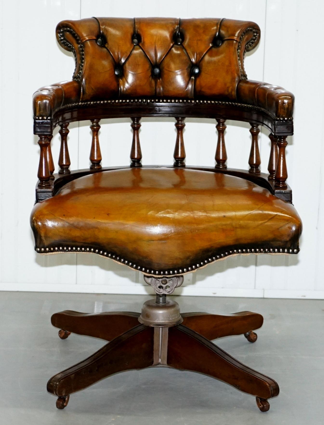We are delighted to offer for sale this lovely restored original 1930s Hillcrest Chesterfield buttoned aged brown leather captains chair 

This piece has been fully restored to include having the old color stripped back, its then been hand dyed
