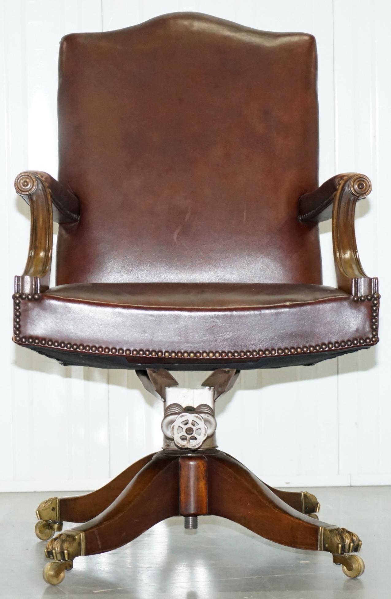 We are delighted to offer for sale this lovely original 1930s Hillcrest Gainsborough aged brown leather captains chair 

This model is the 