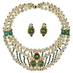 Vintage 1930s Vaseline Glass HOBE' Festoon Bib Necklace Earrings Hollywood Style Jewelry