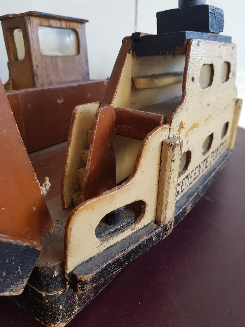 Mid-20th Century 1930s Homemade Dutch Wooden Toy Ferry After a Model That Sailed at Amsterdam