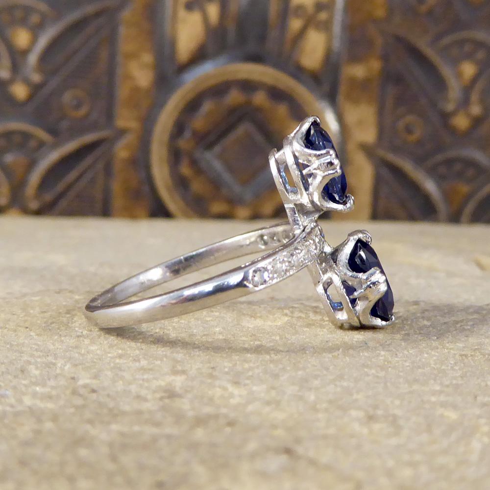 Art Deco 1930s Horizontal Two-Stone Sapphire Ring with Half Diamond Set Platinum Band