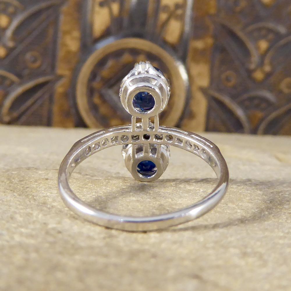 1930s Horizontal Two-Stone Sapphire Ring with Half Diamond Set Platinum Band In Good Condition In Yorkshire, West Yorkshire
