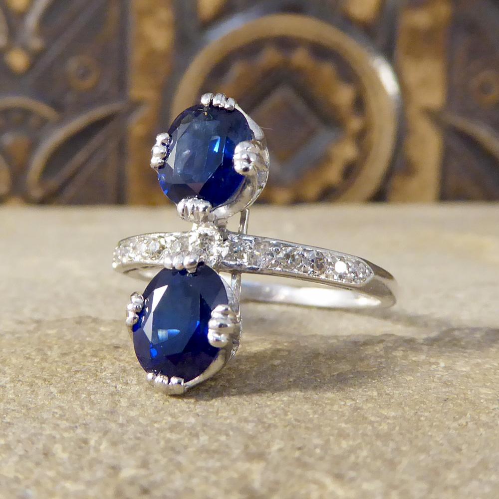 Women's 1930s Horizontal Two-Stone Sapphire Ring with Half Diamond Set Platinum Band