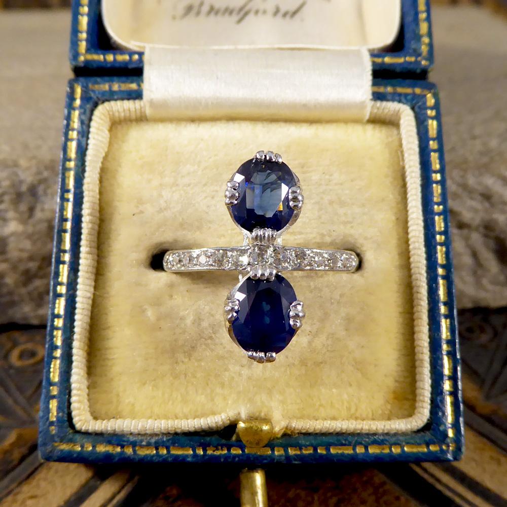1930s Horizontal Two-Stone Sapphire Ring with Half Diamond Set Platinum Band 2