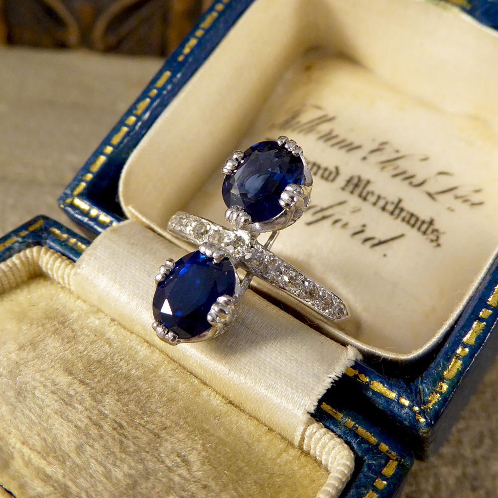 1930s Horizontal Two-Stone Sapphire Ring with Half Diamond Set Platinum Band 3