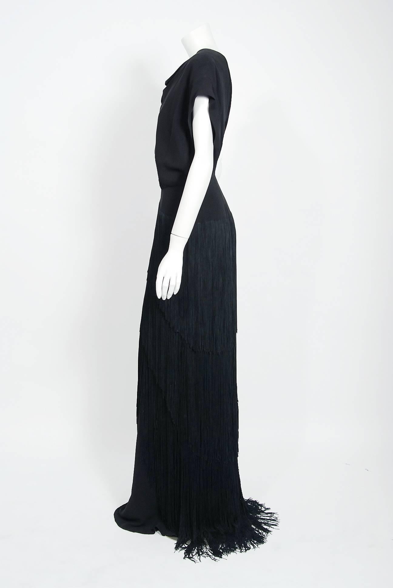 1930's House Of Tappé Couture Black Crepe Asymmetric Drape Tiered Fringe Gown  In Good Condition In Beverly Hills, CA
