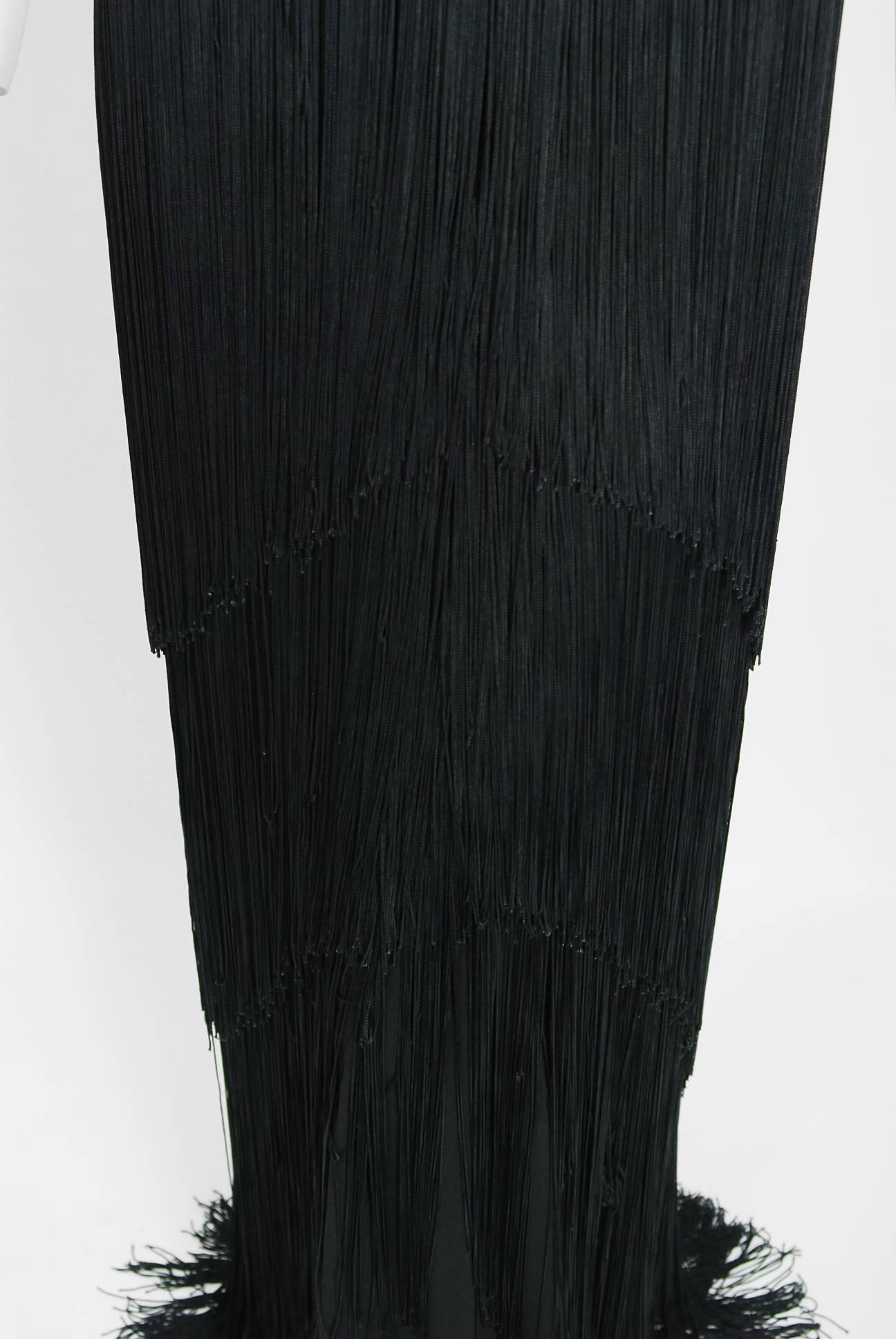 Women's 1930's House Of Tappé Couture Black Crepe Asymmetric Drape Tiered Fringe Gown 