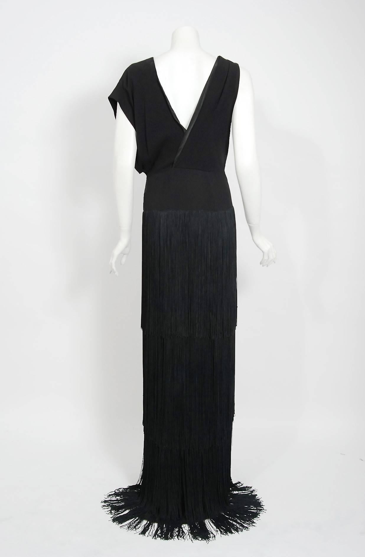 1930's House Of Tappé Couture Black Crepe Asymmetric Drape Tiered Fringe Gown  1
