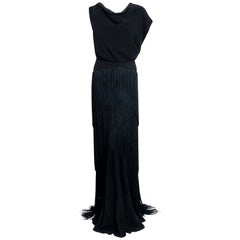1930's House Of Tappé Couture Black Crepe Asymmetric Drape Tiered Fringe Gown 