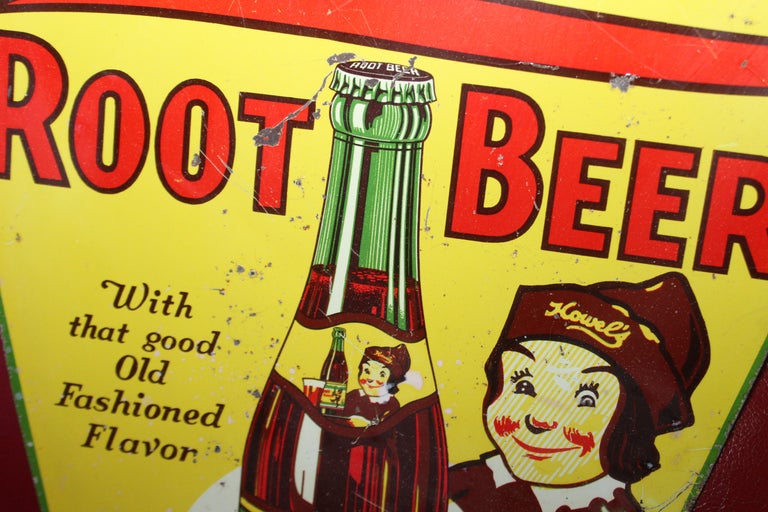 1930s Howell's Root Beer Soda Double Sided Tin Sign For Sale at