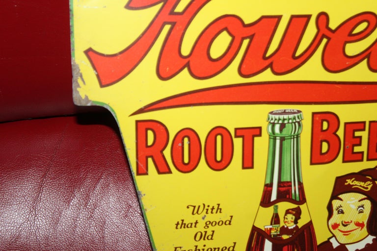 1930s Howell's Root Beer Soda Double Sided Tin Sign For Sale at