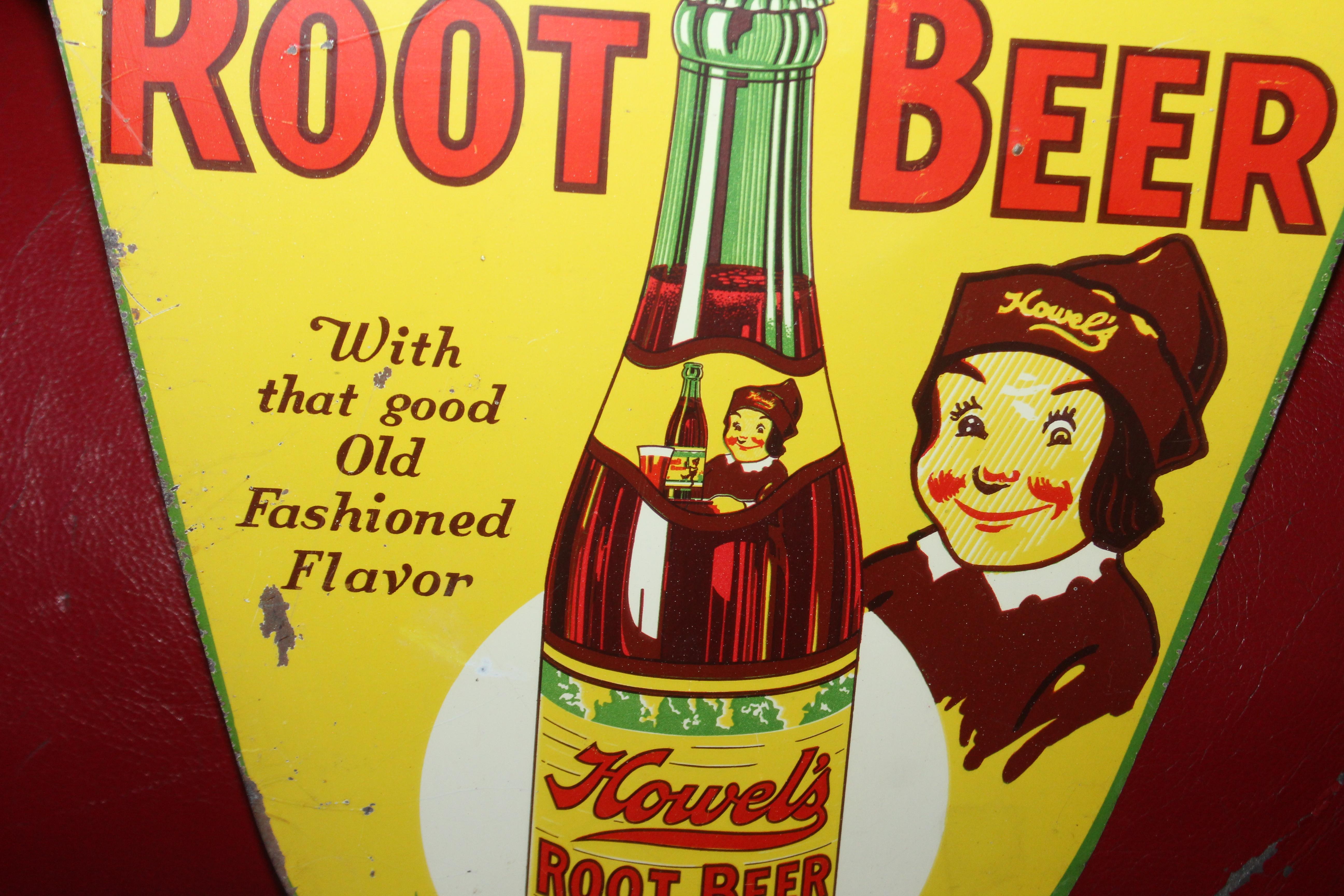 American 1930s Howell's Root Beer Soda Double Sided Tin Sign For Sale