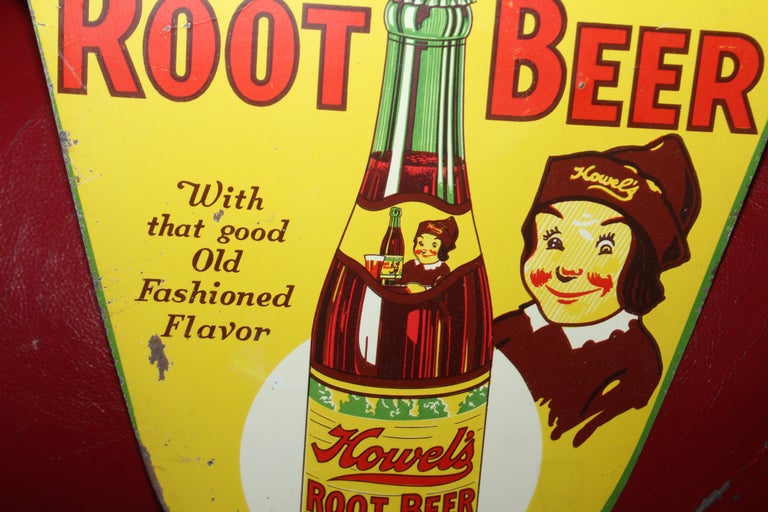 1930s Howell's Root Beer Soda Double Sided Tin Sign For Sale at