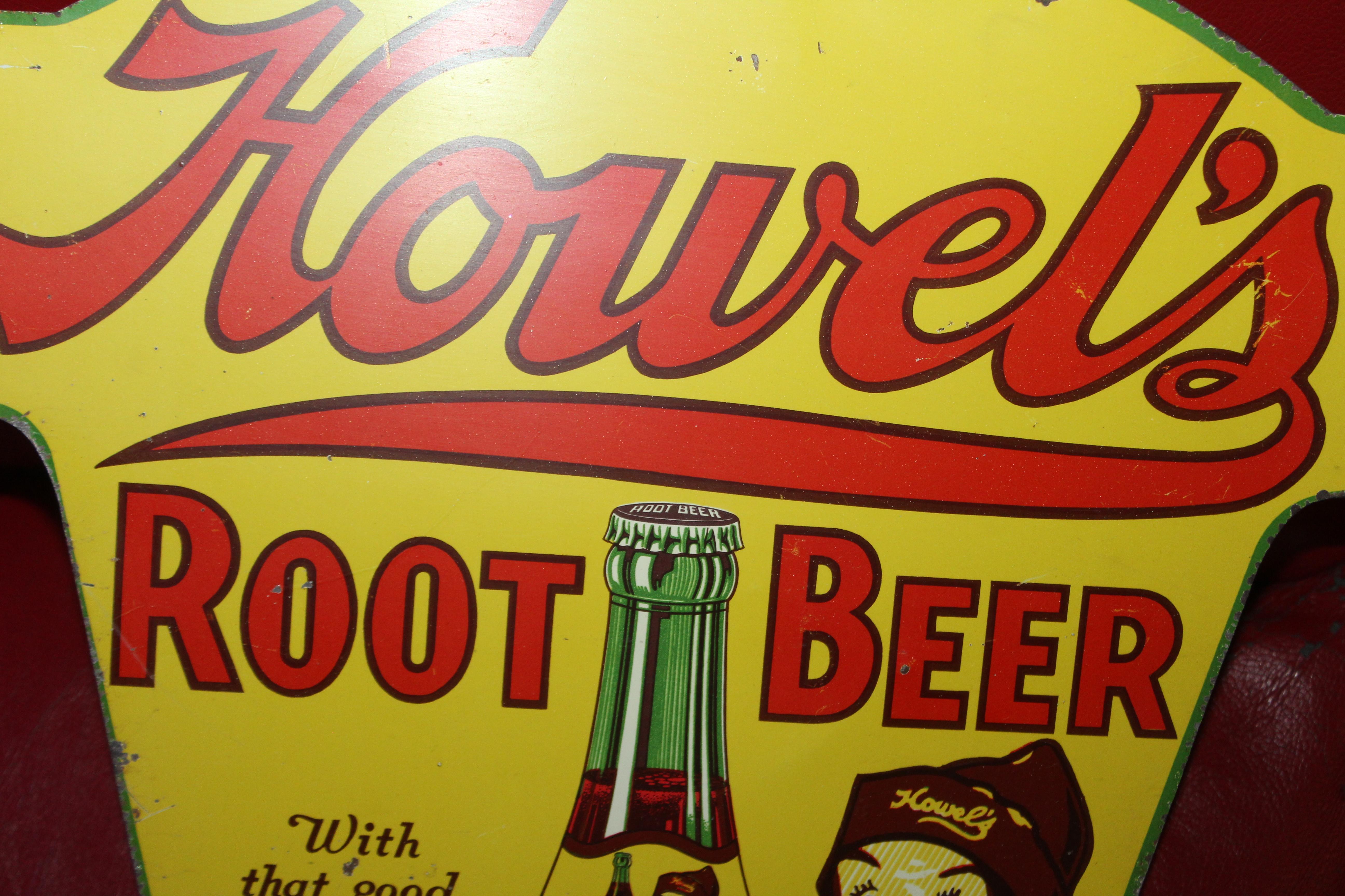 1930s Howell's Root Beer Soda Double Sided Tin Sign In Fair Condition For Sale In Orange, CA