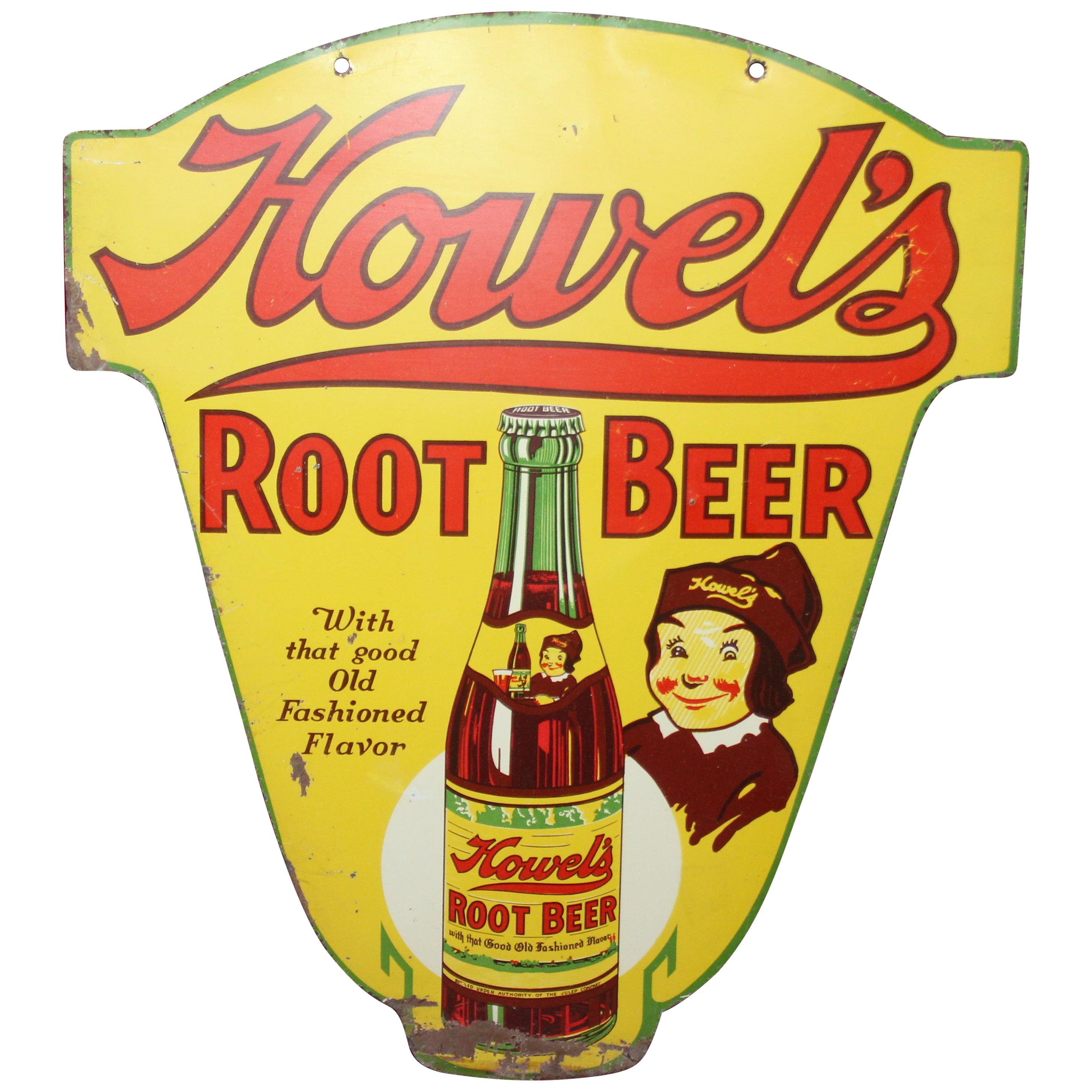 1930s Howell's Root Beer Soda Double Sided Tin Sign For Sale