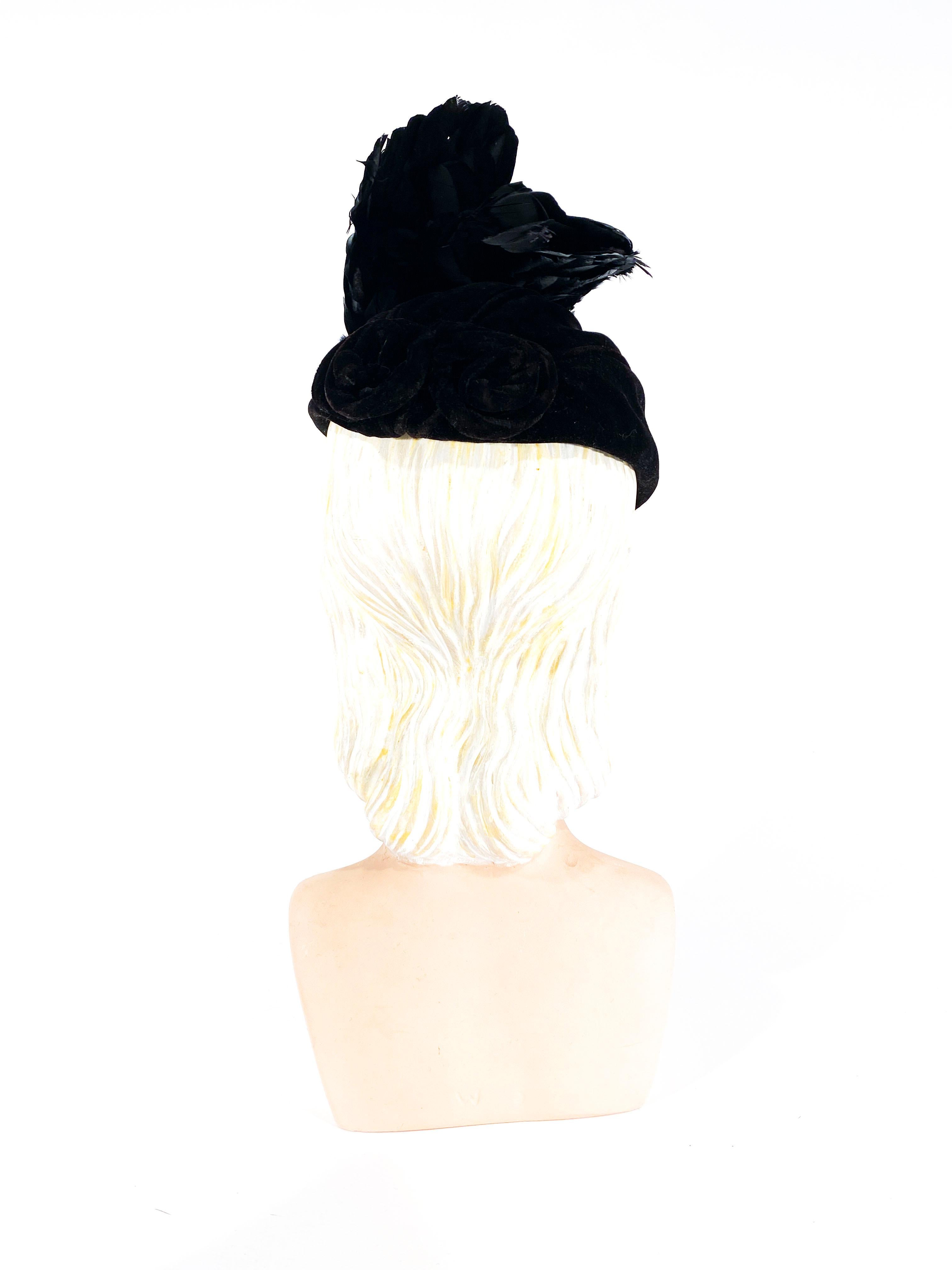 Women's 1930s I. Magnin Sculptured Black Velvet Perch Hat with Feathered Wings