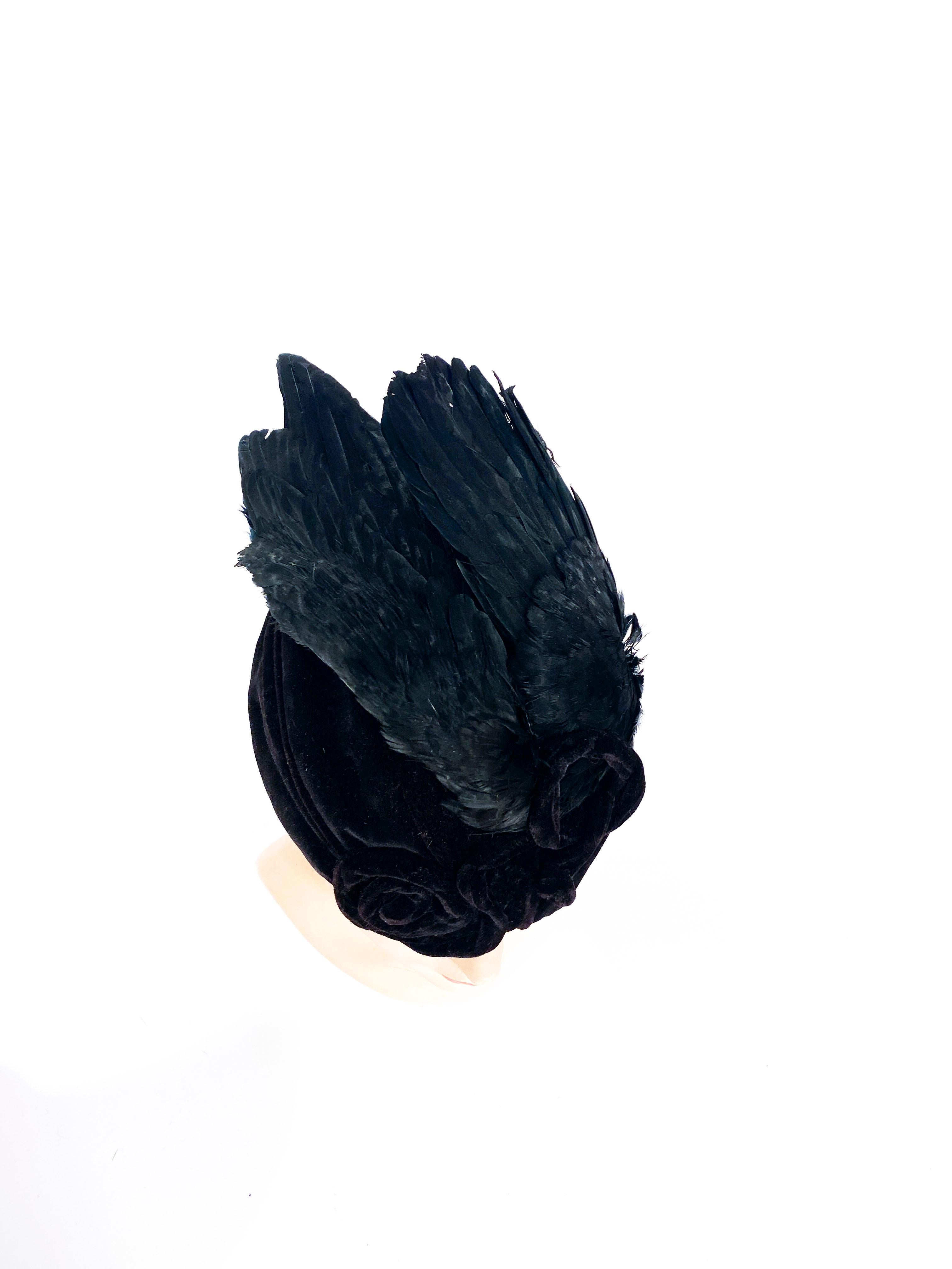 1930s I. Magnin Sculptured Black Velvet Perch Hat with Feathered Wings 1