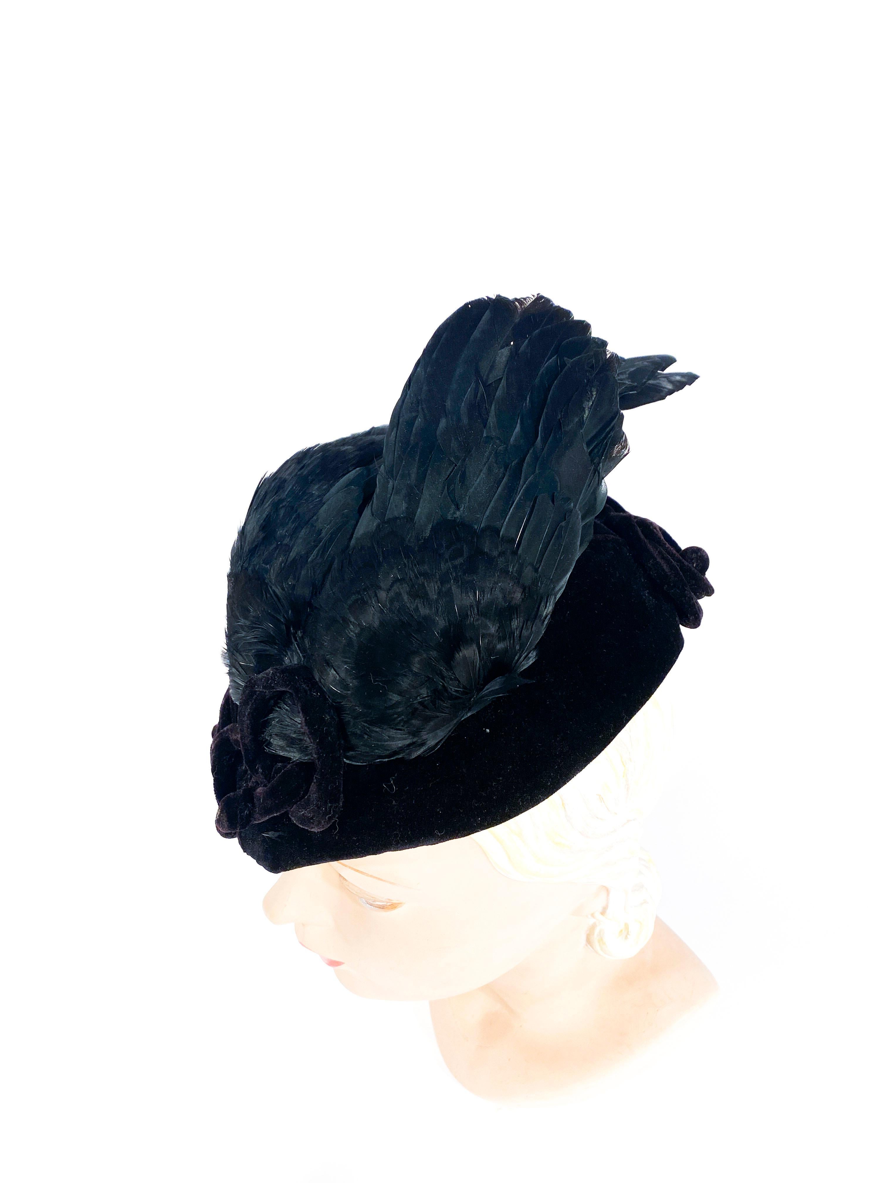 1930s I. Magnin Sculptured Black Velvet Perch Hat with Feathered Wings 2