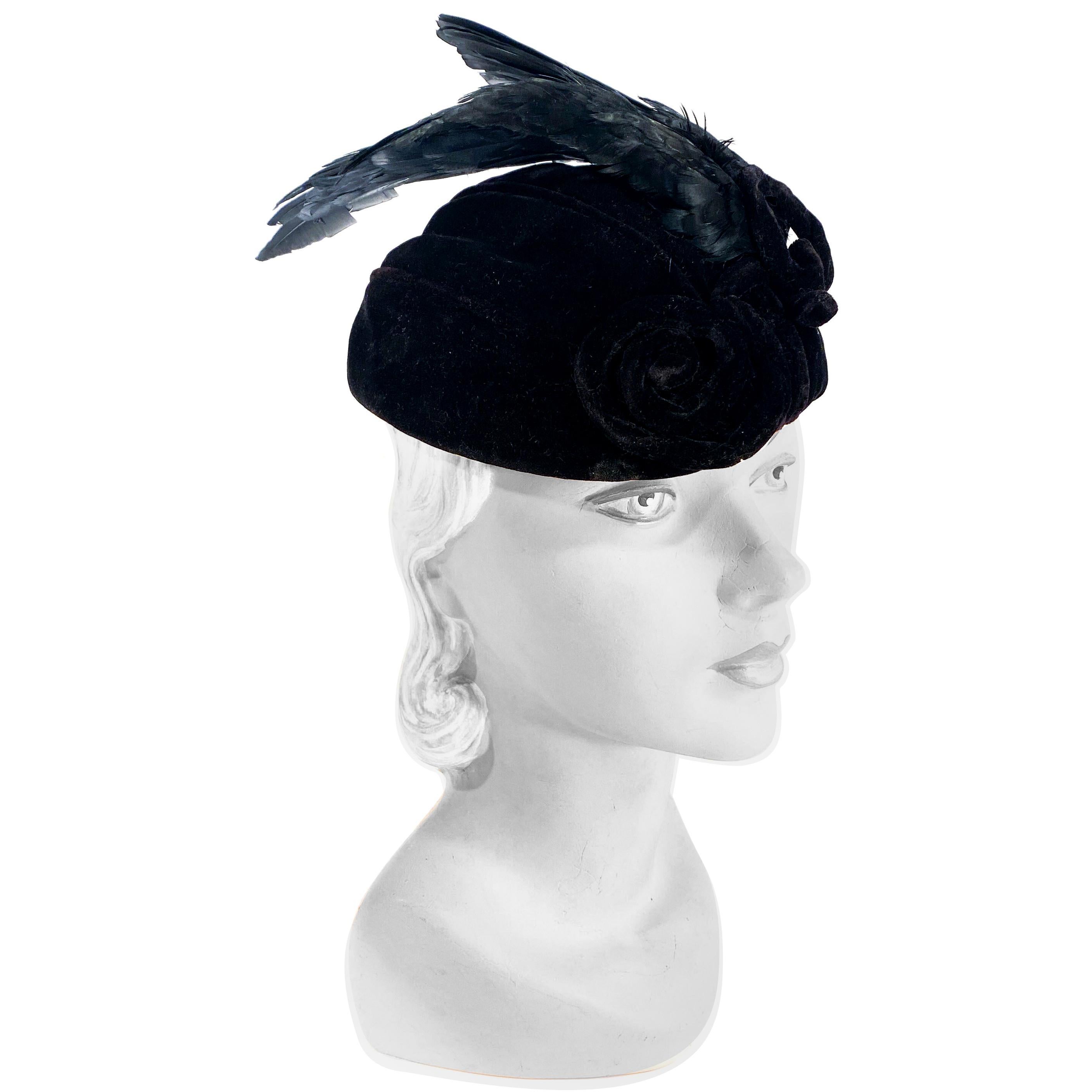 1930s I. Magnin Sculptured Black Velvet Perch Hat with Feathered Wings