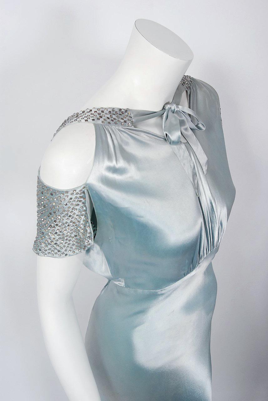Gray 1930's Ice Blue Rhinestone Silk Cut-Out Shoulder Backless Bias-Cut Deco Gown