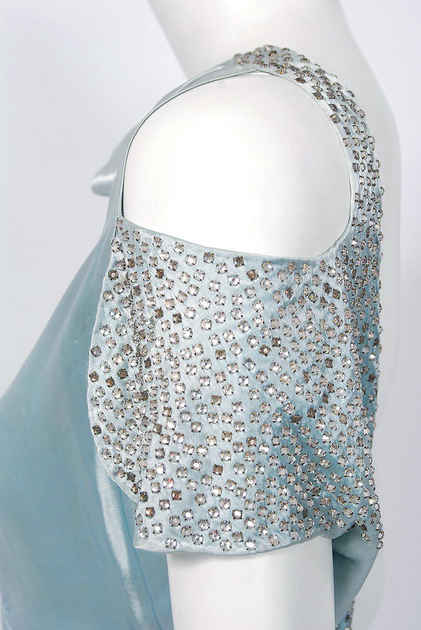 1930's Ice Blue Rhinestone Silk Cut-Out Shoulder Backless Bias-Cut Deco Gown In Excellent Condition In Beverly Hills, CA