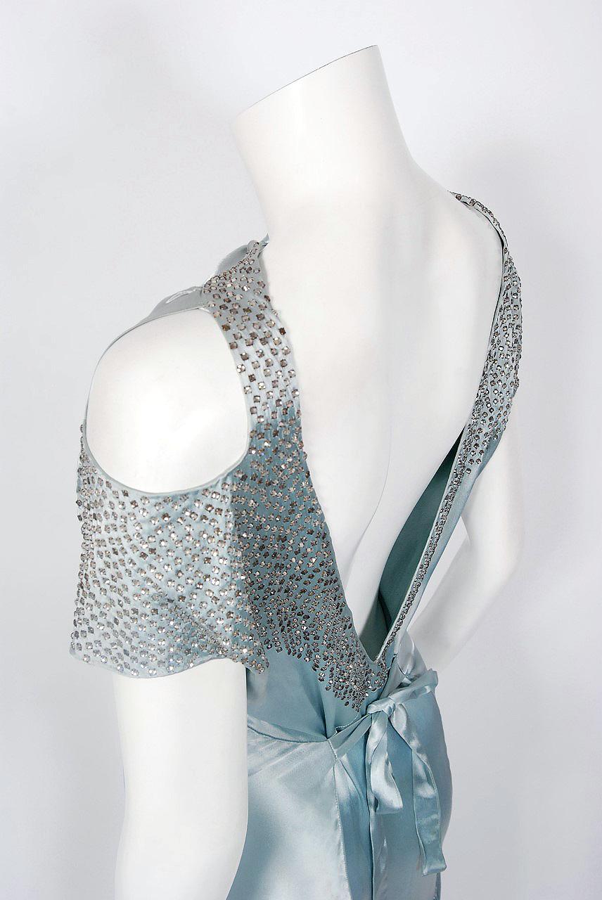 Women's 1930's Ice Blue Rhinestone Silk Cut-Out Shoulder Backless Bias-Cut Deco Gown