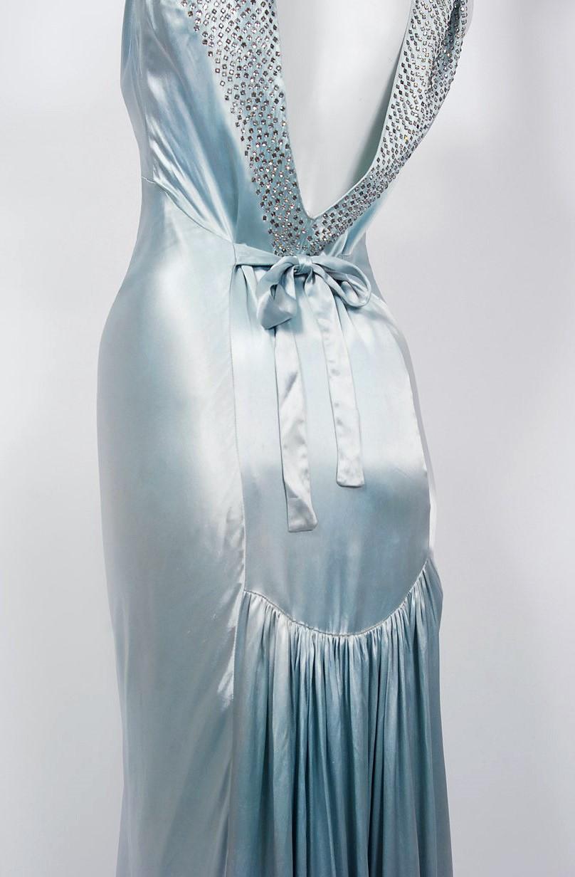 1930's Ice Blue Rhinestone Silk Cut-Out Shoulder Backless Bias-Cut Deco Gown 1