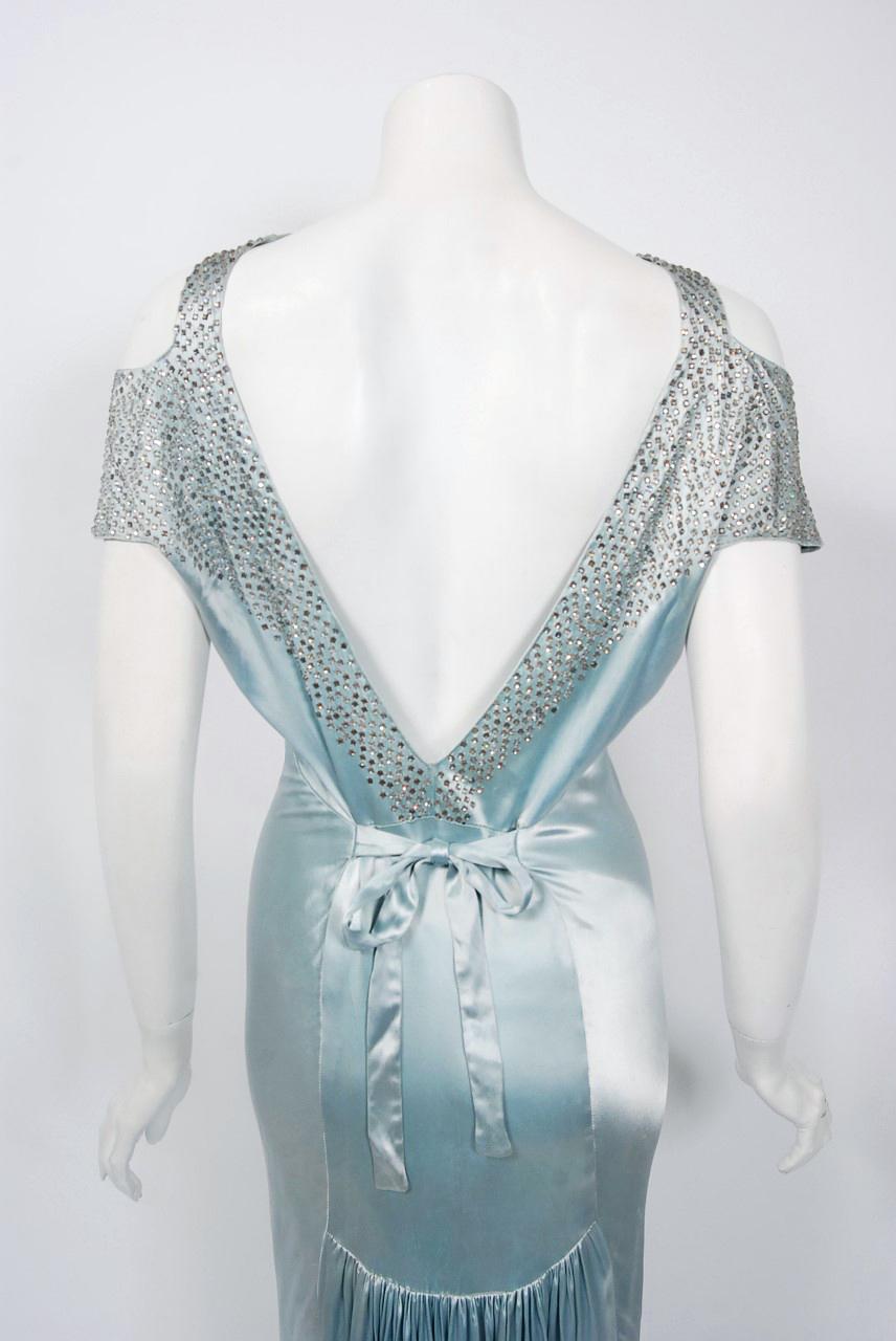 1930's Ice Blue Rhinestone Silk Cut-Out Shoulder Backless Bias-Cut Deco Gown 2