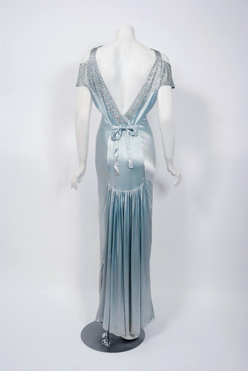 1930's Ice Blue Rhinestone Silk Cut-Out Shoulder Backless Bias-Cut Deco Gown 3