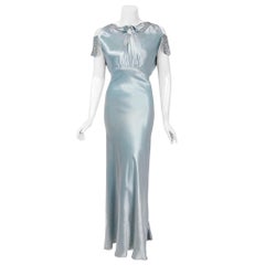Vintage 1930's Ice Blue Rhinestone Silk Cut-Out Shoulder Backless Bias-Cut Deco Gown