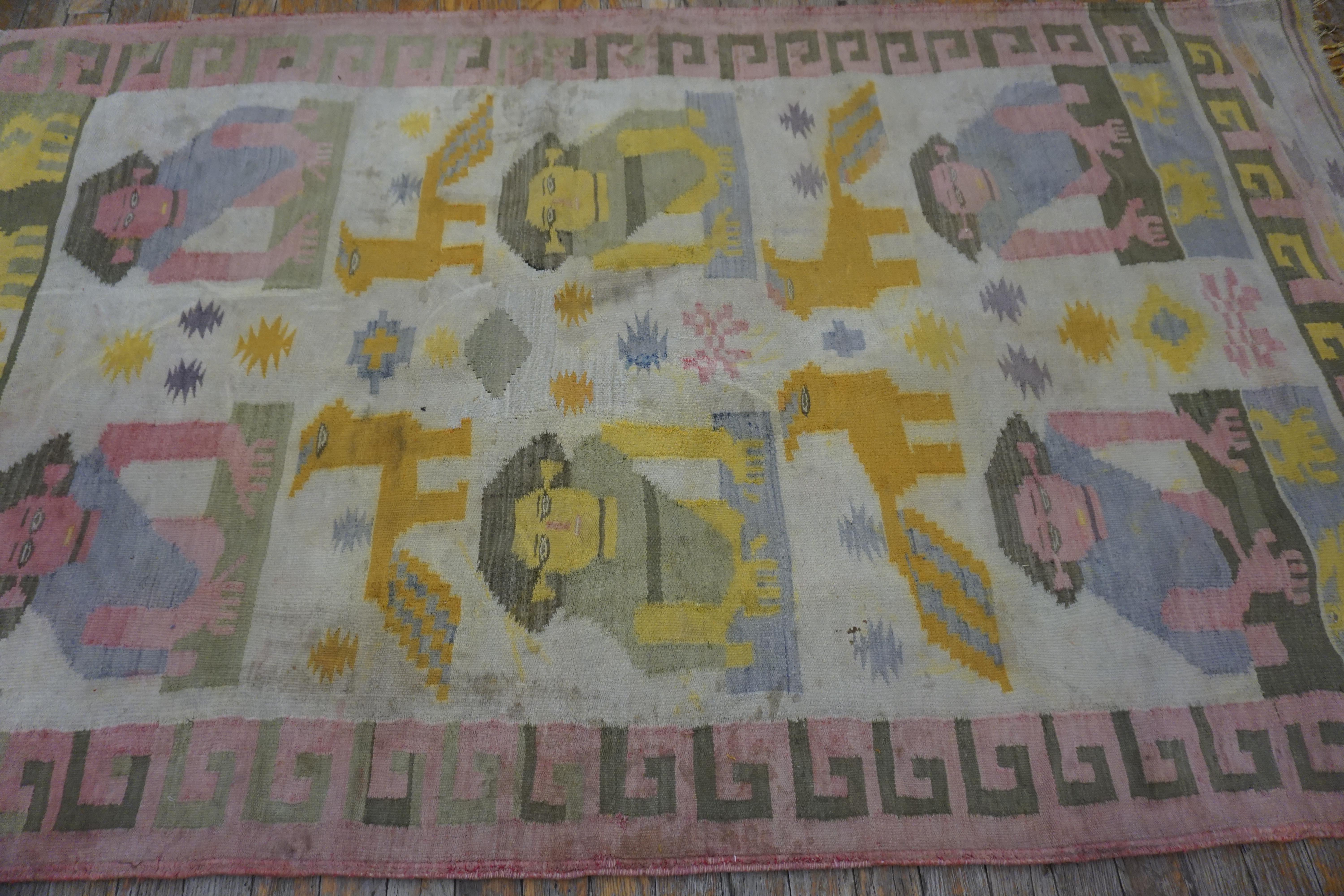 Indischer Dhurrie-Teppich aus Baumwolle mit Bildmotiven aus den 1930er Jahren (  4' x 7' - 122 x 213 ) (Handgewebt) im Angebot