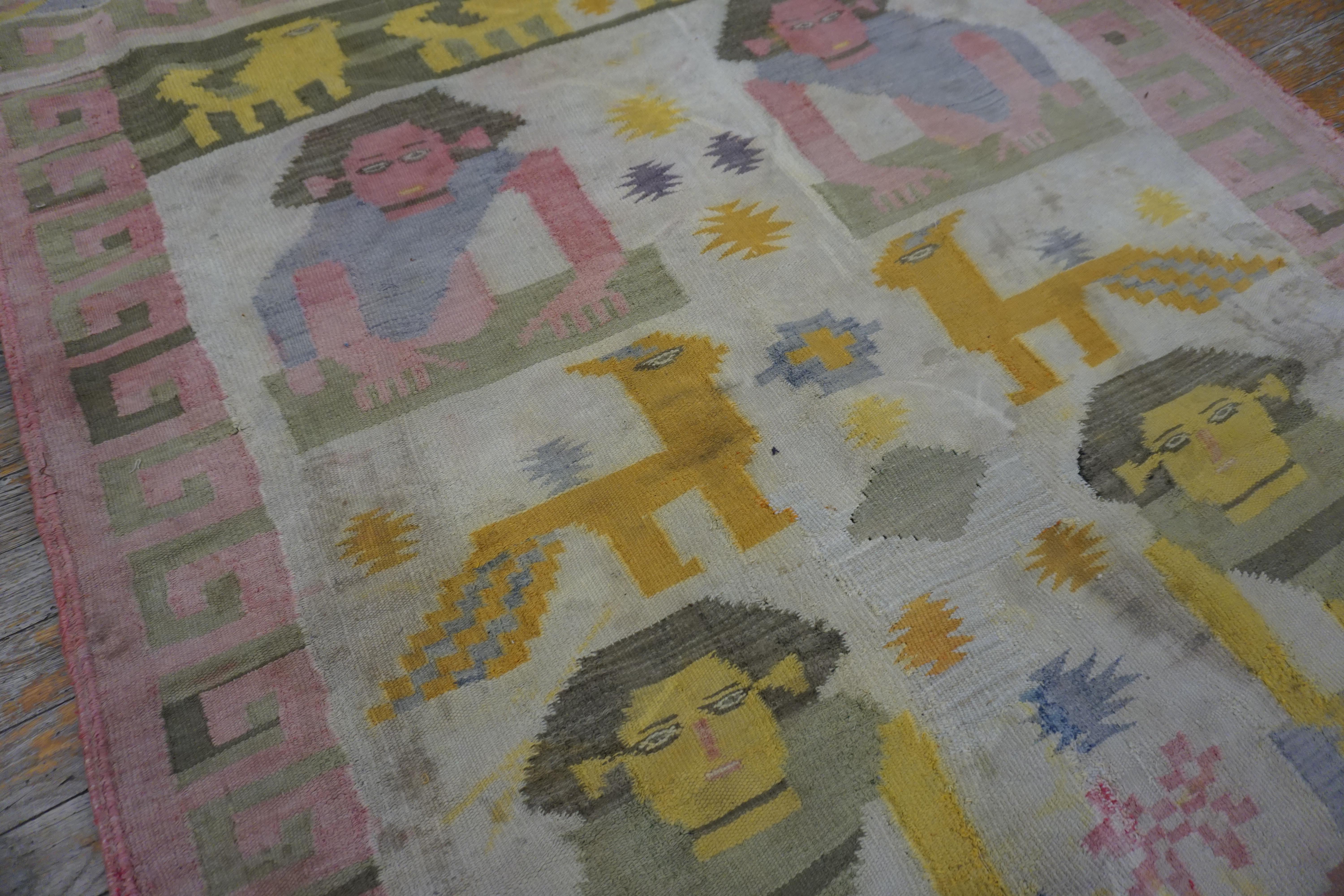 Indischer Dhurrie-Teppich aus Baumwolle mit Bildmotiven aus den 1930er Jahren (  4' x 7' - 122 x 213 ) im Zustand „Gut“ im Angebot in New York, NY