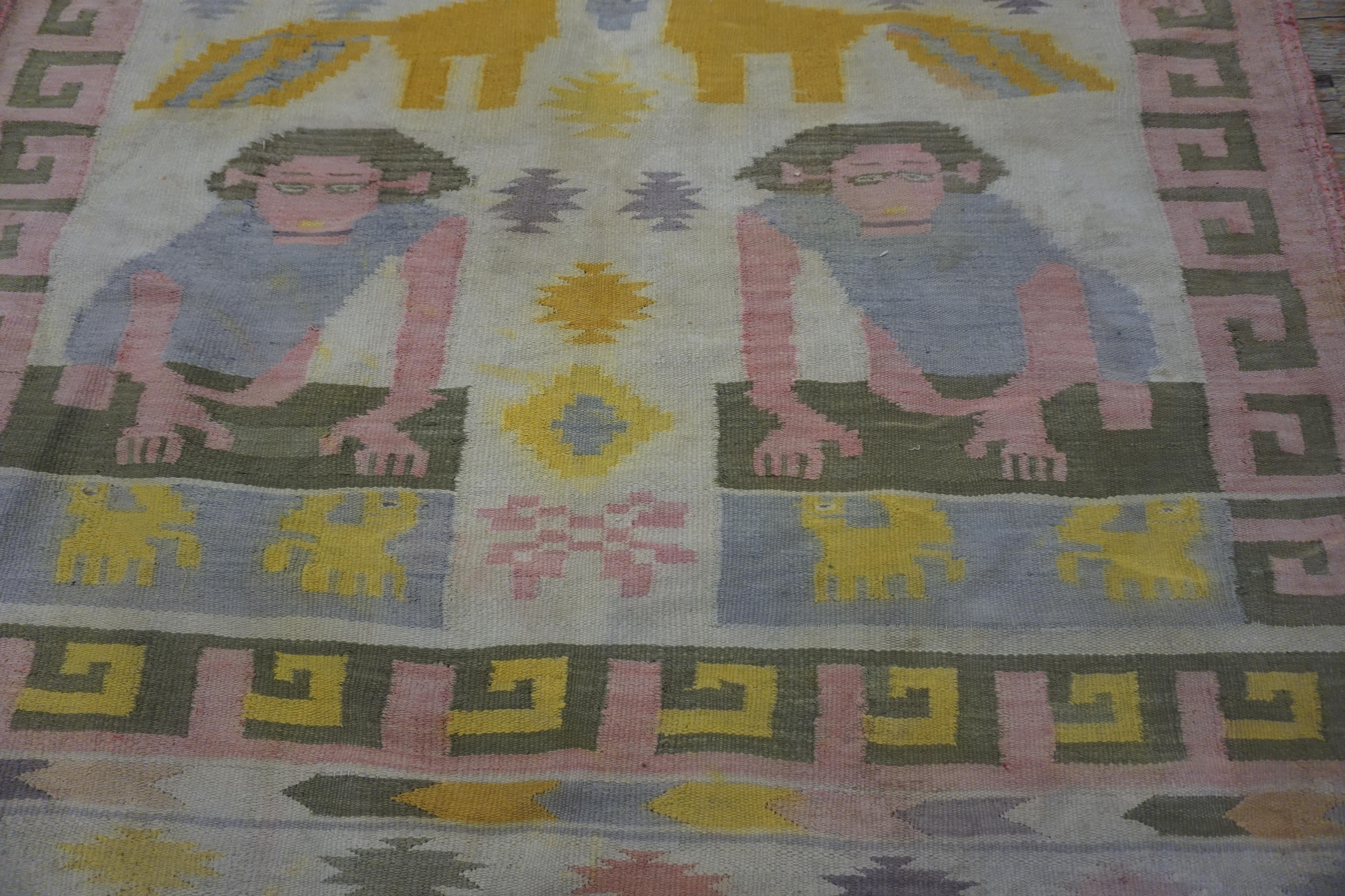 Indischer Dhurrie-Teppich aus Baumwolle mit Bildmotiven aus den 1930er Jahren (  4' x 7' - 122 x 213 ) (Wolle) im Angebot