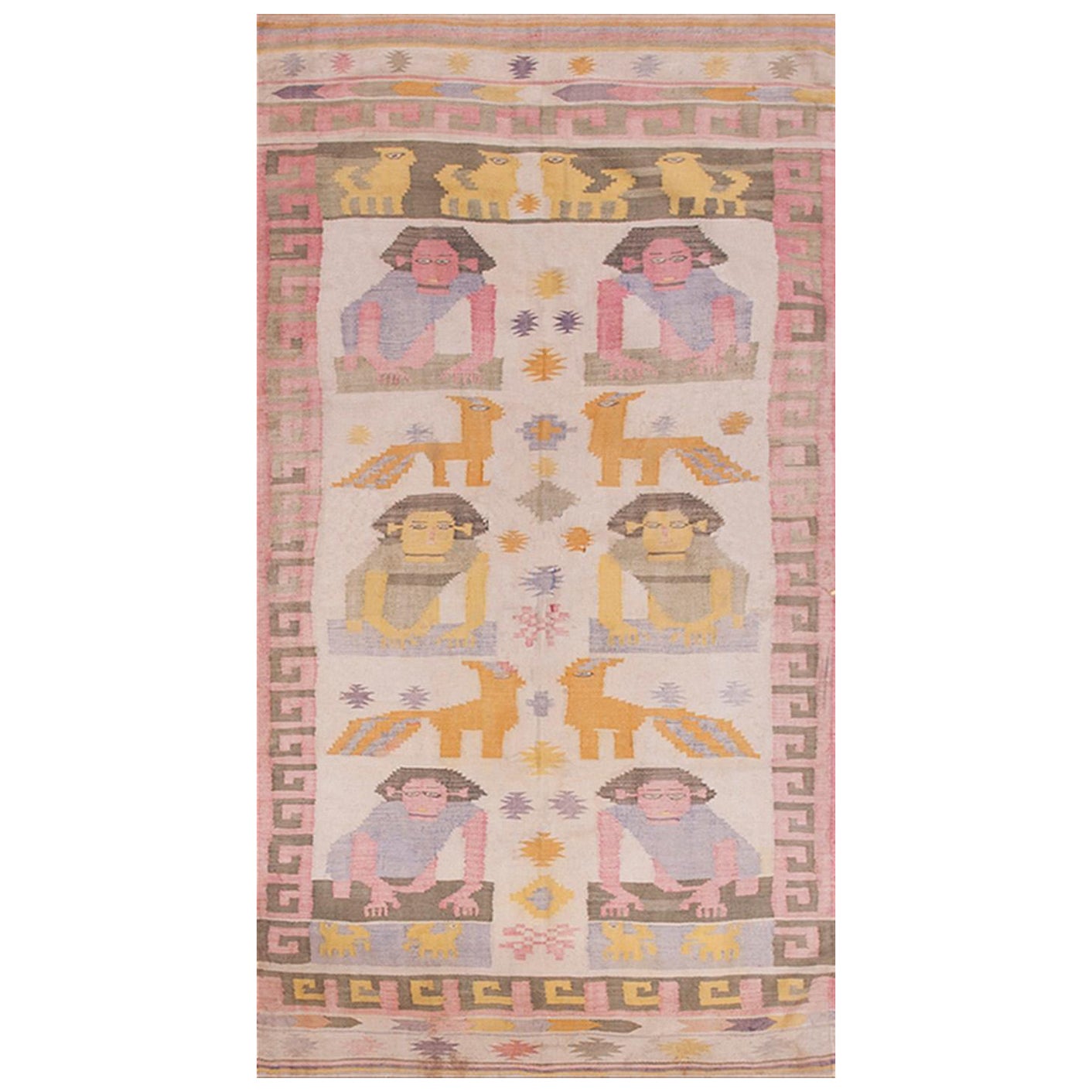 Indischer Dhurrie-Teppich aus Baumwolle mit Bildmotiven aus den 1930er Jahren (  4' x 7' - 122 x 213 ) im Angebot