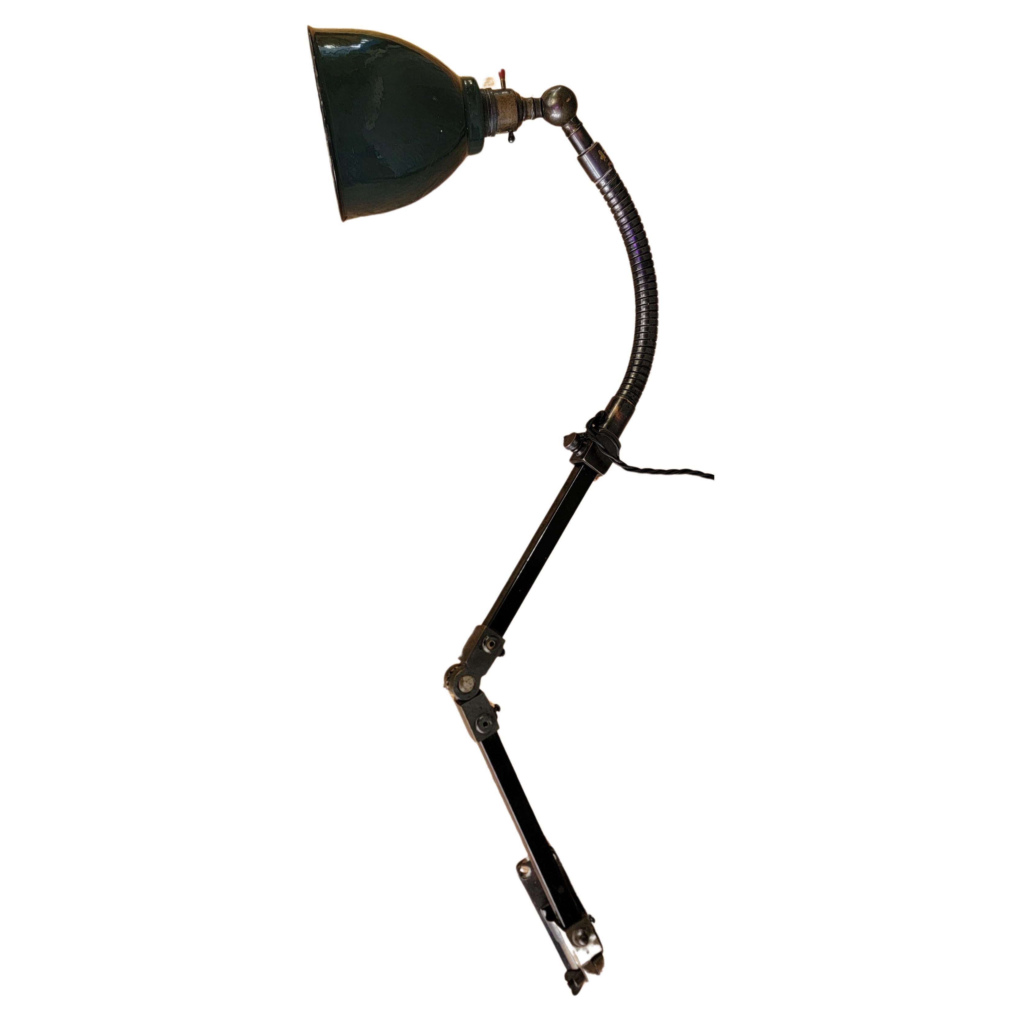 1930's Industrial Articulating Work Lamp with Green Porcelain Enamel Shade For Sale