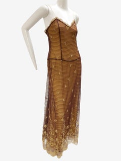 1930s Inspired Chloe Slip Gown In Yellow Silk W/ Burgundy Chantilly-Style Lace