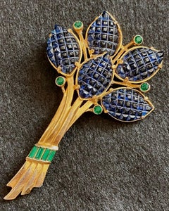 1930s Invisibly Set Sapphire Blue Fruit Salad Leaves Bouquet Pin, Attr. Coro