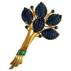 Vintage 1930s Invisibly Set Sapphire Blue Fruit Salad Leaves Bouquet Pin, Attr. Coro