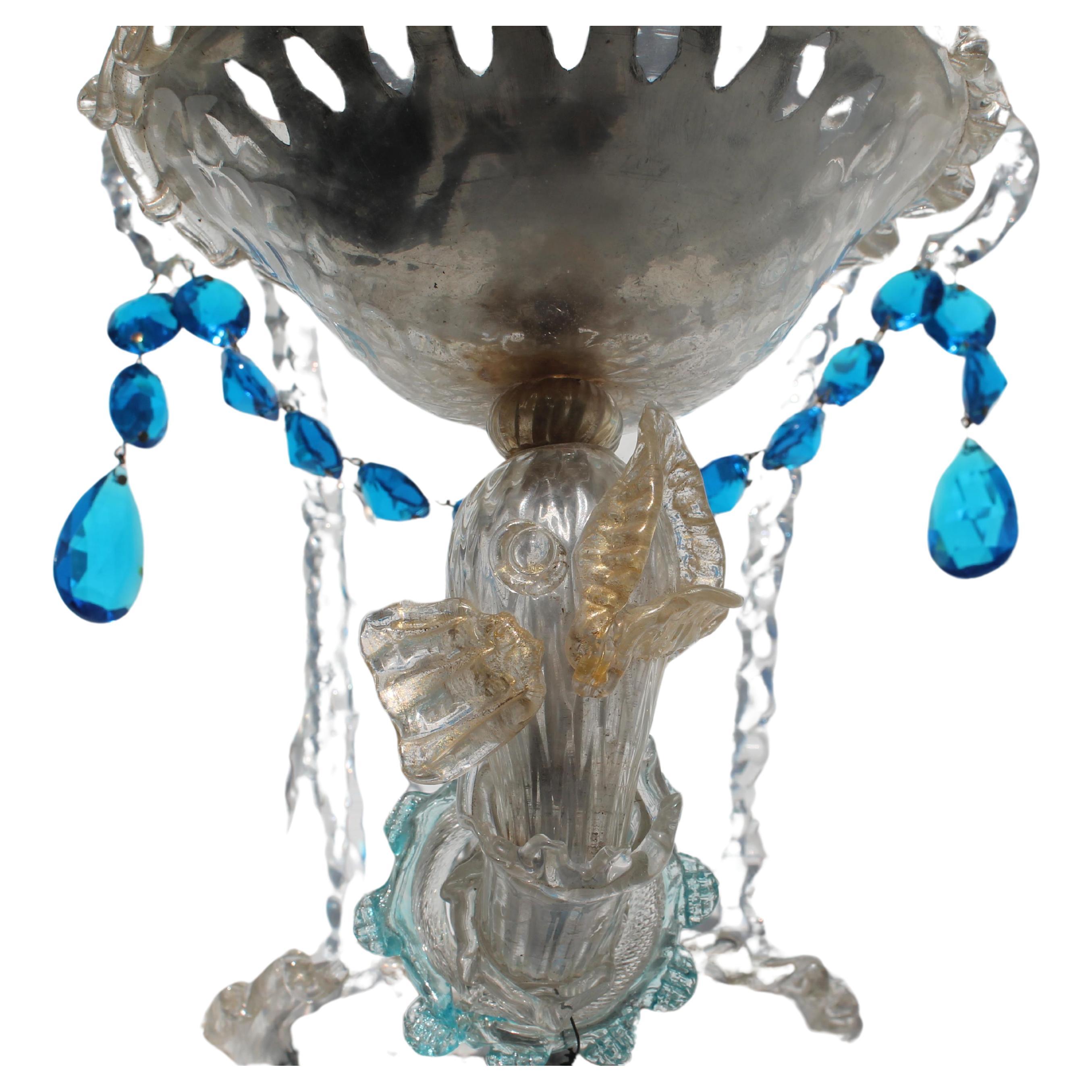 This is one very beautiful and Grand Wall Lamp. c1930's Italian Art Deco Barovier & Toso Art Glass Blown Fish/ Dolphin Wall Sconces in an elaborately detailed setting. Please look closely at pictures as they tell the story of this Sconce. 2 tucked