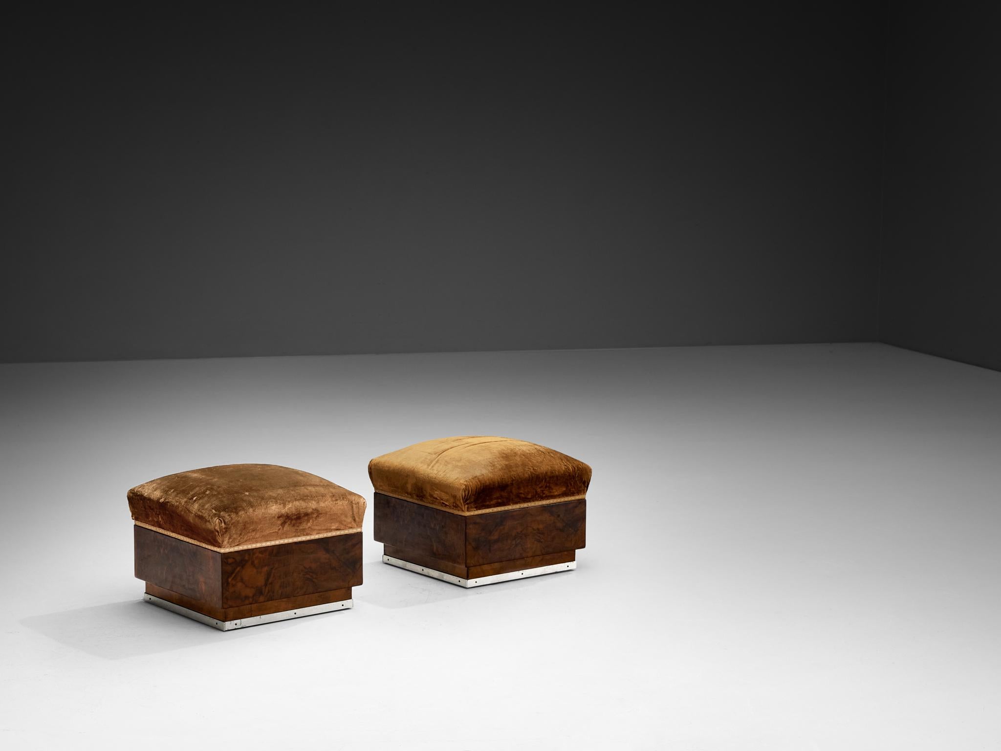1930s Italian Art Deco Ottomans in Walnut and Brown Velvet In Good Condition In Waalwijk, NL