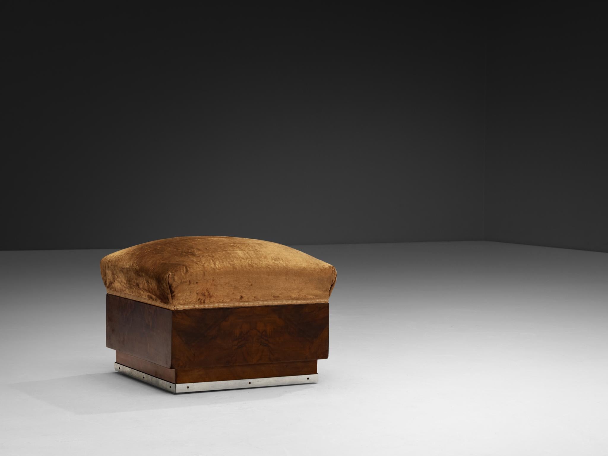 Mid-20th Century 1930s Italian Art Deco Ottomans in Walnut and Brown Velvet