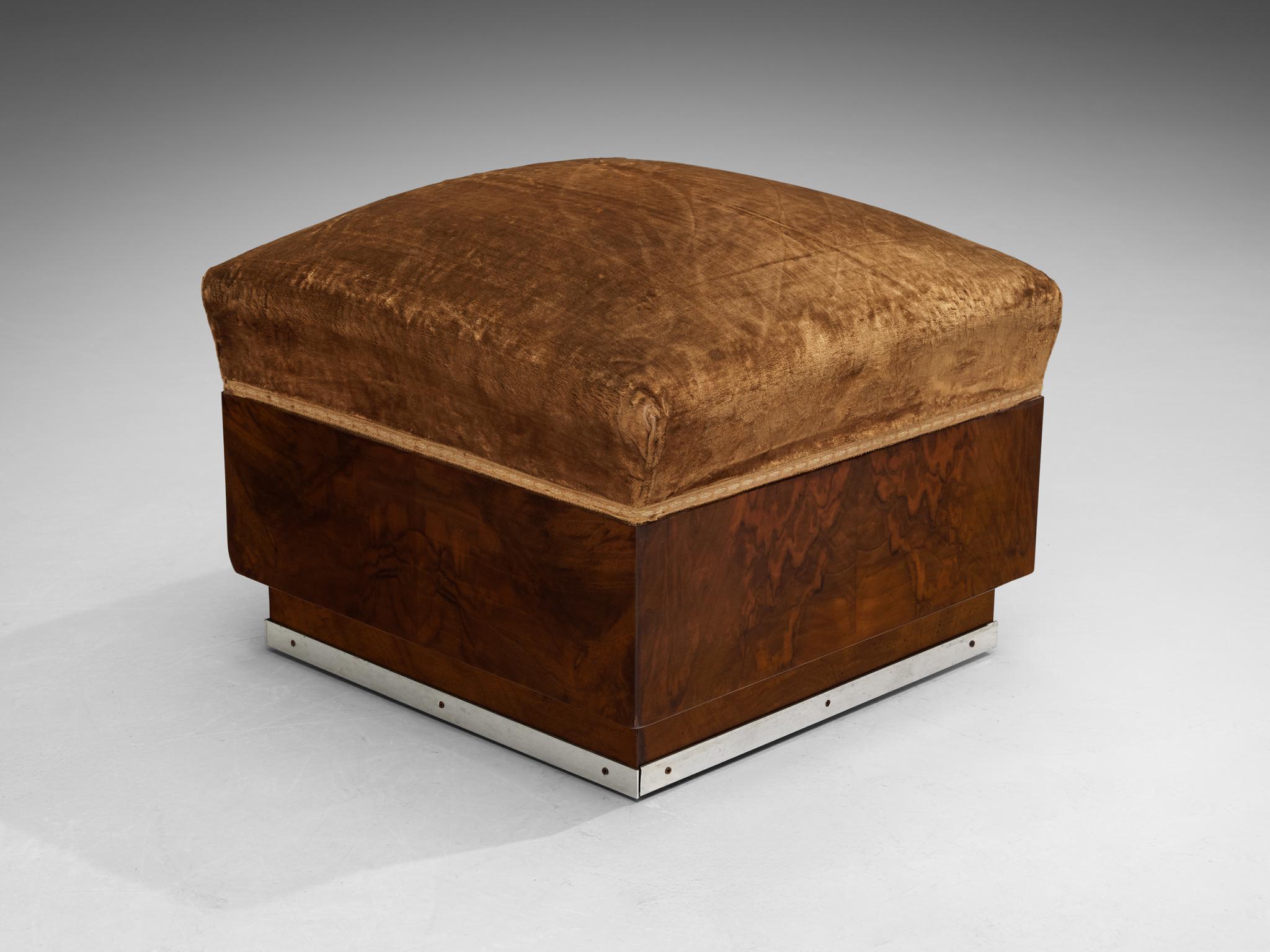 Metal 1930s Italian Art Deco Ottomans in Walnut and Brown Velvet