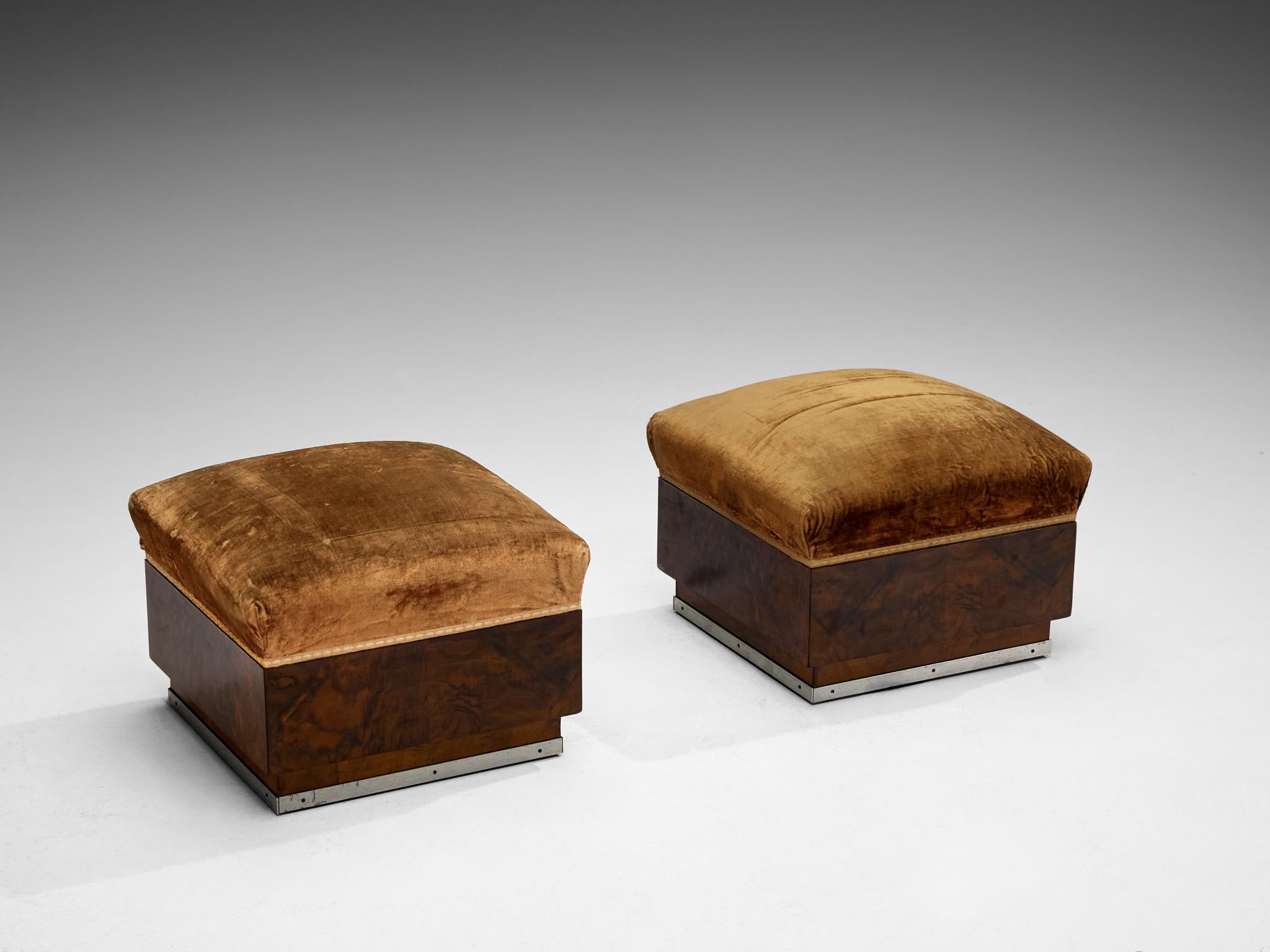 1930s Italian Art Deco Ottomans in Walnut and Brown Velvet 2