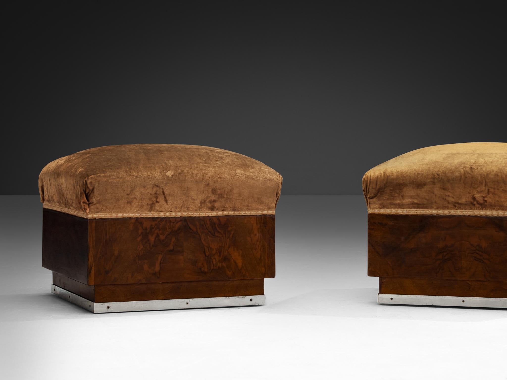 1930s Italian Art Deco Ottomans in Walnut and Brown Velvet 3