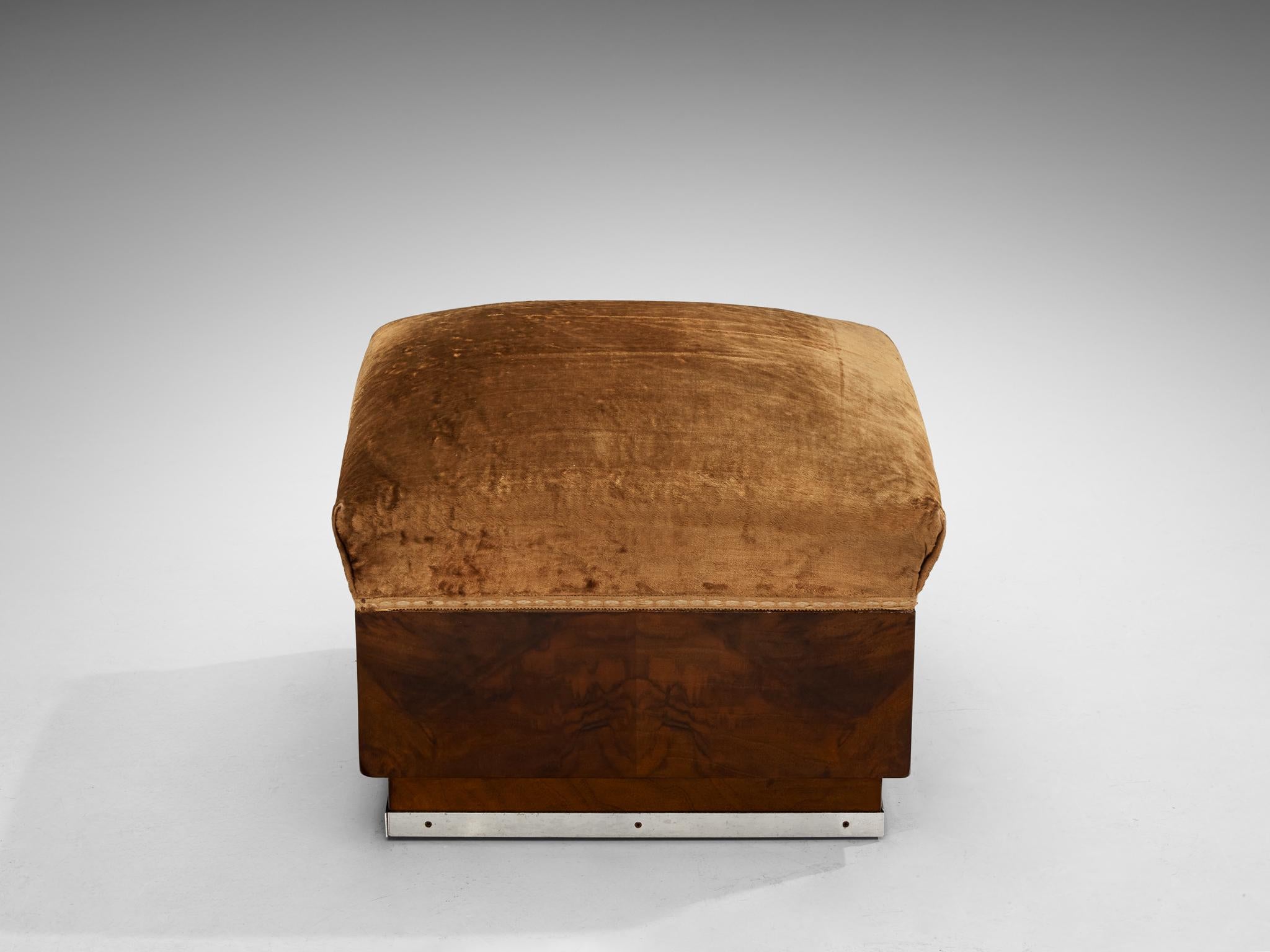 1930s Italian Art Deco Ottomans in Walnut and Brown Velvet 4