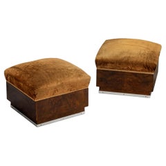 1930s Italian Art Deco Ottomans in Walnut and Brown Velvet